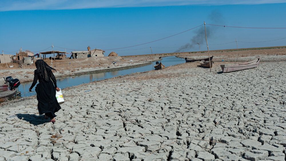 Al-Chibayish, Iraq. November 1st 2018 A Marsh, a woman collecting water in the parched wetlands of the Central Marshes of southern Iraq © John Wreford/Shutterstock